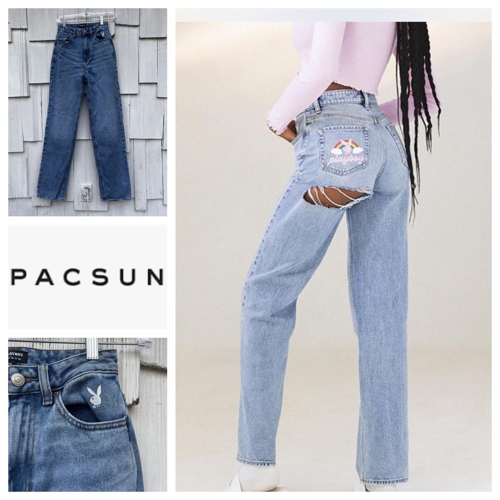 PacSun Playboy High Waisted Straight Leg Jeans Blue Denim  24 Distressed Rainbow
